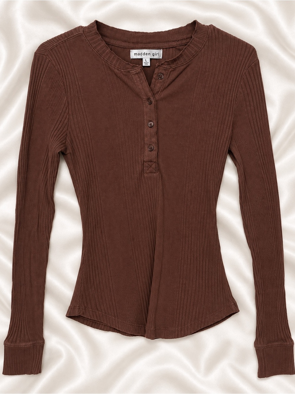 Madden Girl Women’s L Brown Ribbed Henley Long Sleeve Top
